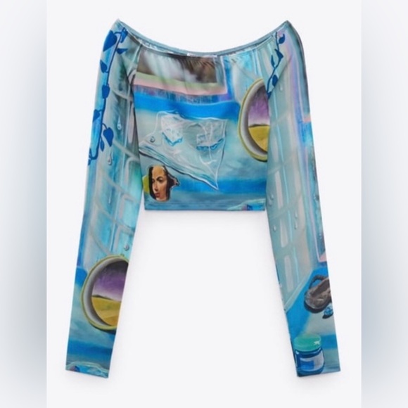 Zara limited edition larissa de Jesus negron print crop off shoulder mesh top - Picture 4 of 14